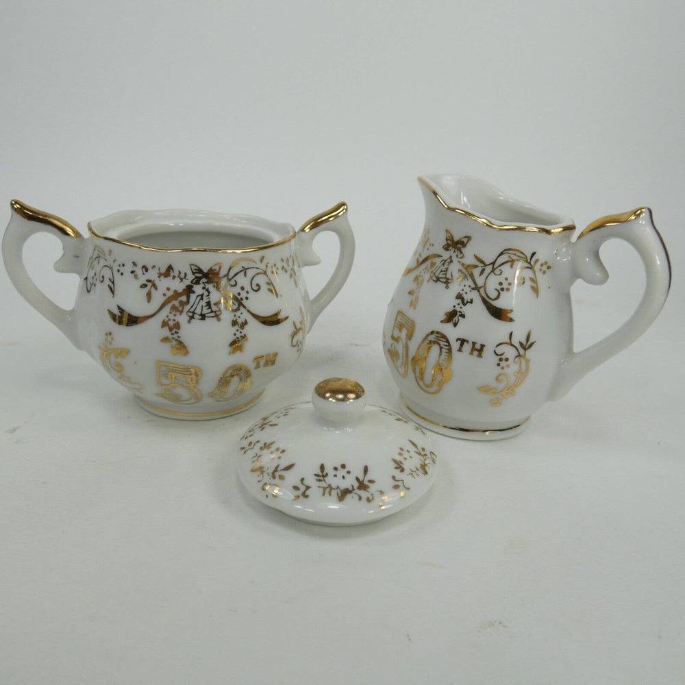 Norcrest Fine China Golden 50th Anniversary Sugar Bowl & Creamer AB689 ABJFB